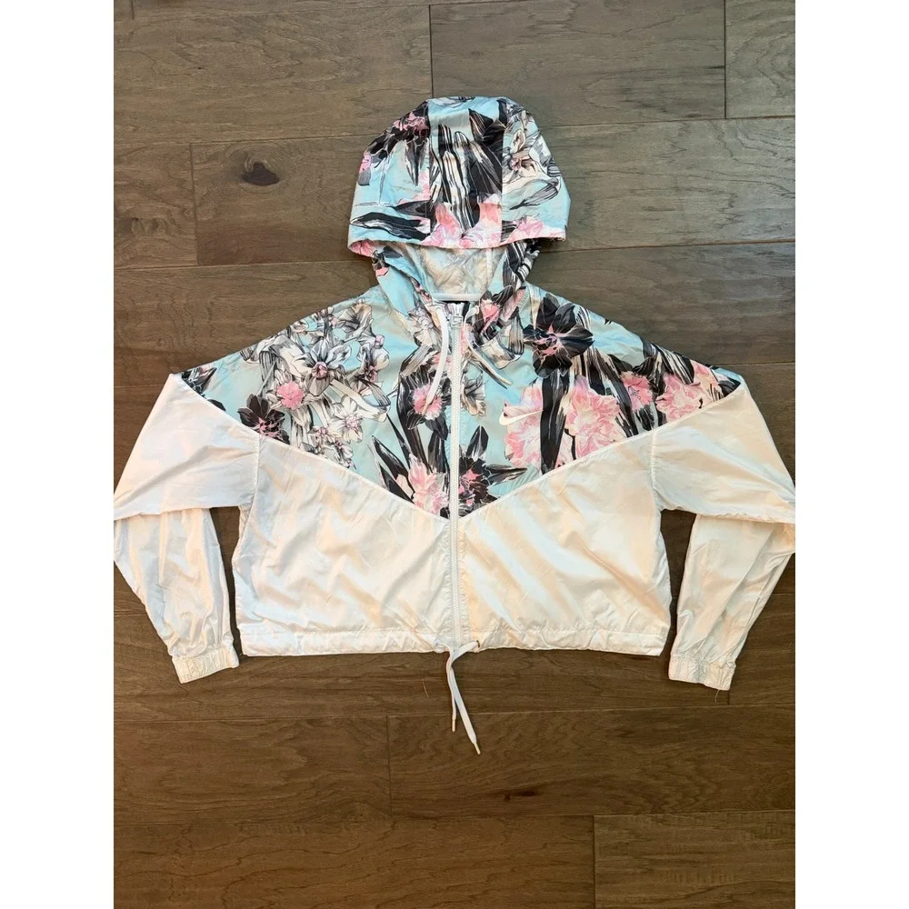 Nike Windbreaker Jacket Womens Large White Floral Cropped Windrunner Full Zip